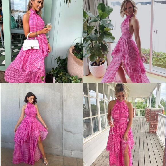 Aje Bungalow Sienna Halter Open Back Tiered Slit Maxi Dress Pink Size 8 Barbie - Picture 2 of 16